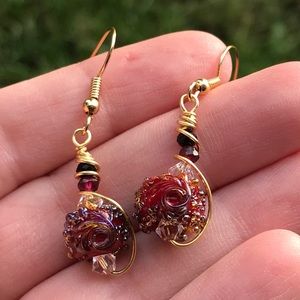 Red and gold lamp work w gemstone accents earrings
